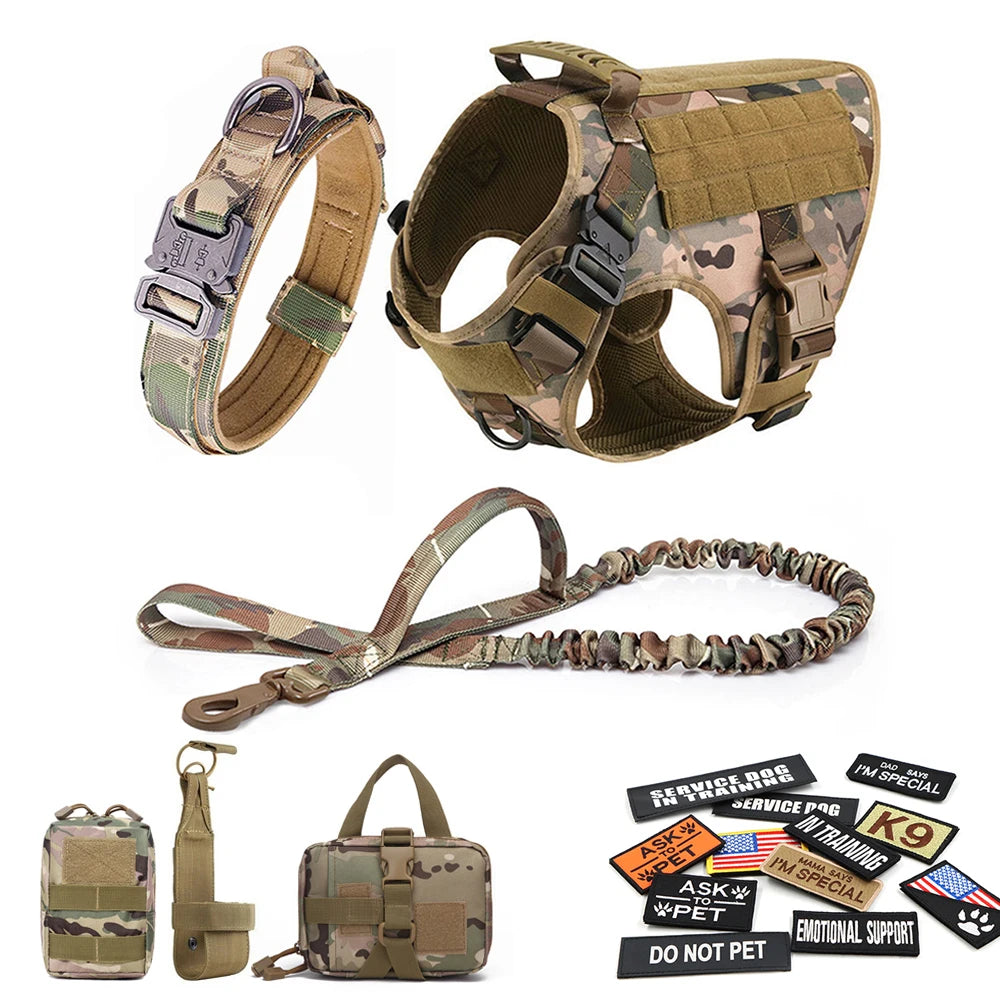 Military Large Dog Harness Collar Leash Bags Patches Set Pet Malinois Training Vests