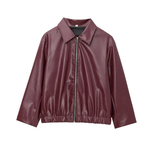 Wine Red Faux Leather Jakcet Fashion Outerwear Thicken Zipper Lapel Pu Coats Autumn Winter Streetwear Ladies Tops Women