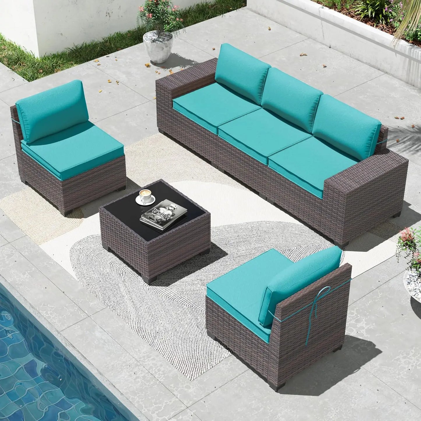 6 Pieces Patio Furniture Sets with Glass Tea Table,PE Rattan Wicker Patio Conversation Set with Washable, Customized