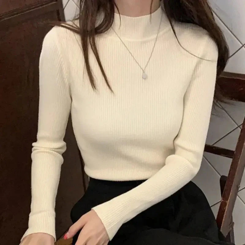 Autumn Winter Mock Neck Women Sweater Vintage Basic Solid Knitted Tops Casual Slim Pullover Sweaters