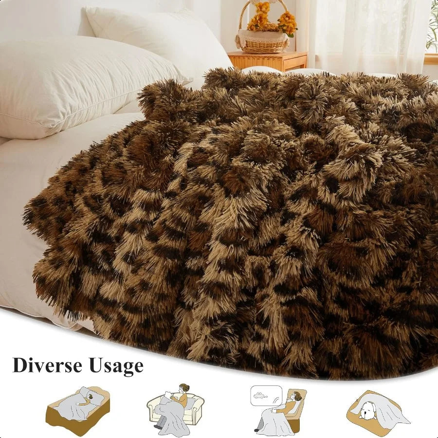 Luxury Faux Fur Leopard Print Throw Soft 50x60 Cheetah Print Fluffy Blanket Shaggy Plush Decorative