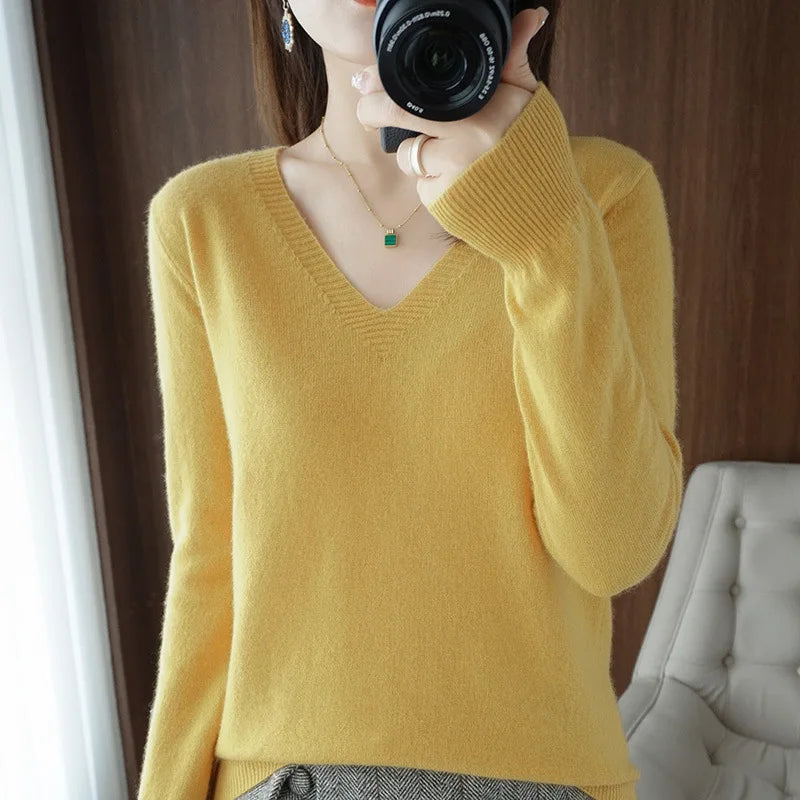 Women's Sweater 2025 Autumn Winter Knitted Pullovers V-neck Slim Fit Bottoming Shirt Solid Soft Knitwear