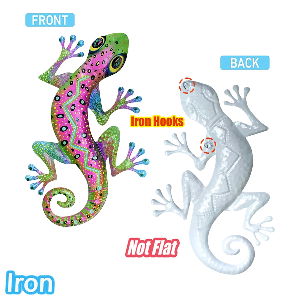 Large Metal Gecko Wall Art Decor, 3D Iron Lizard Sculpture Hanging Ornament for Outdoor Garden, Patio, Porch - Mother's Day Gift