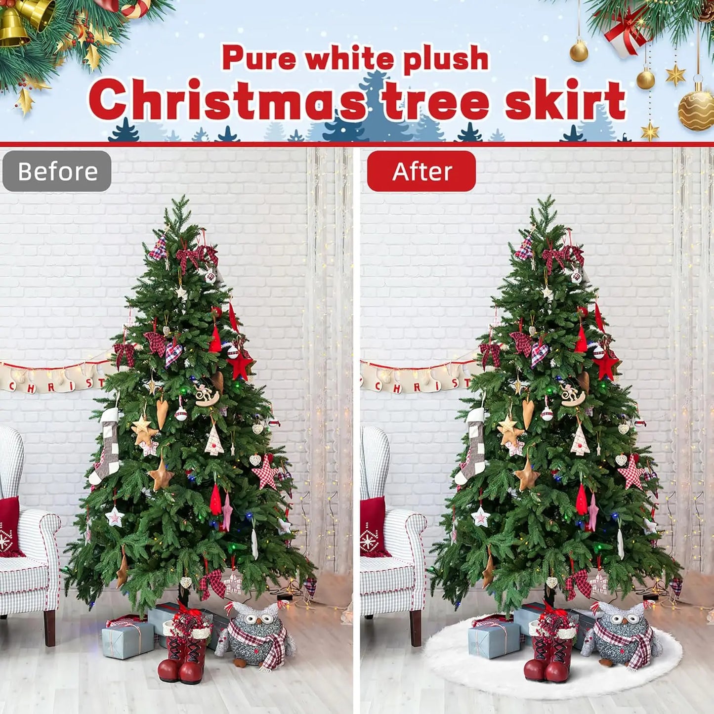6 Pieces 36inch White Plush Skirt Decoration for Merry Christmas Party, High-End Soft Classic Fluffy Faux Fur