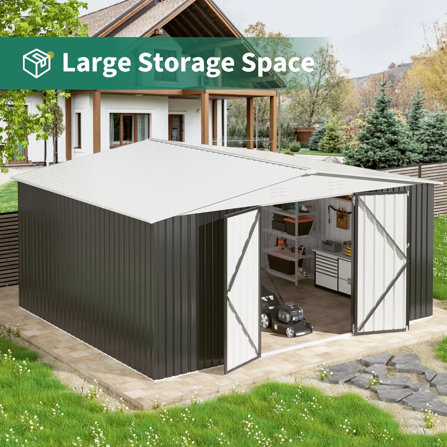 Galvanized Steel Storage Shed Heavy Duty Lockable Hasp Door Black/White Roof Garden Tool Shed for Backyard Patio