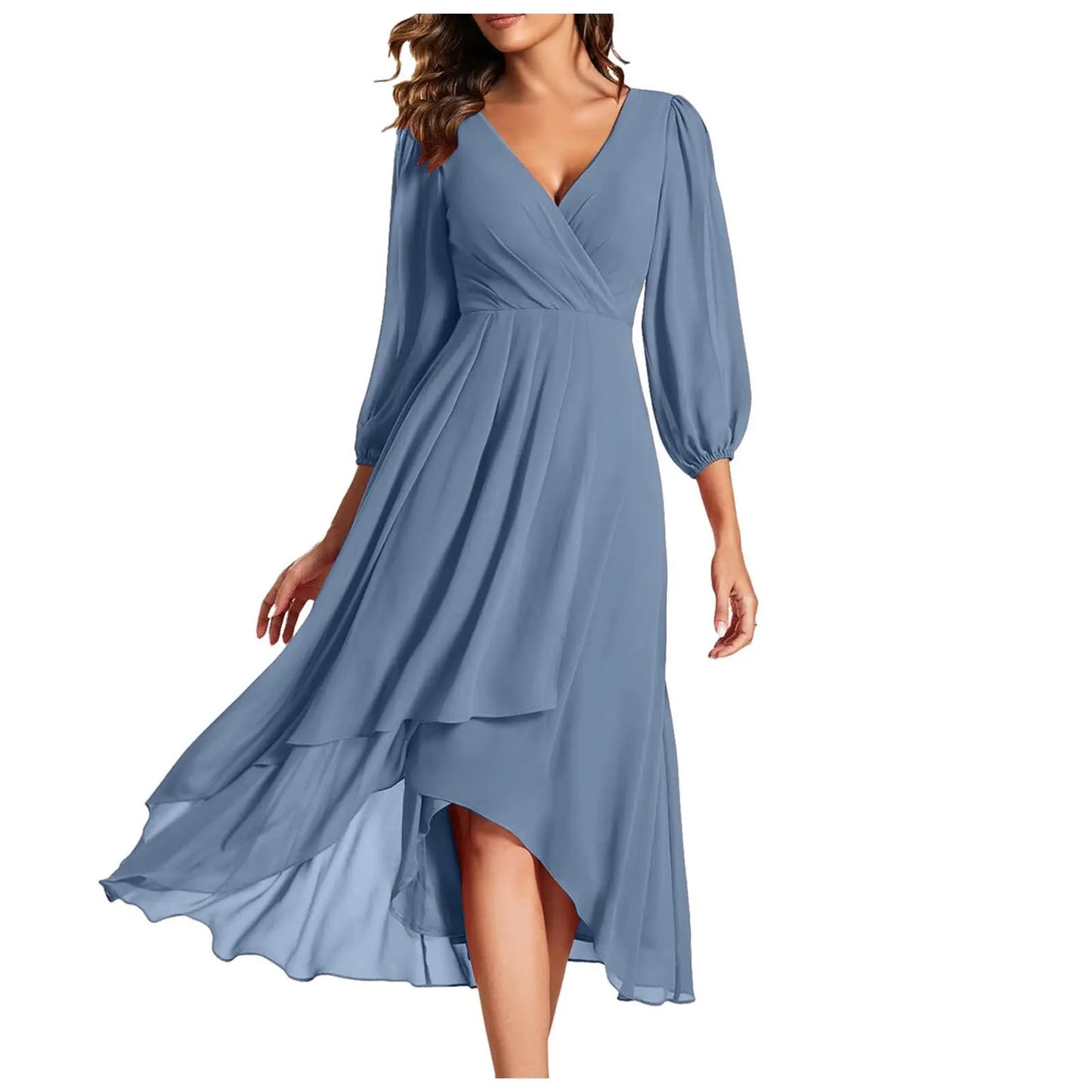 Ever-Pretty Women's Chiffon V Neck Long Sleeves Pleated A-Line Midi Length Wedding Guest Dress