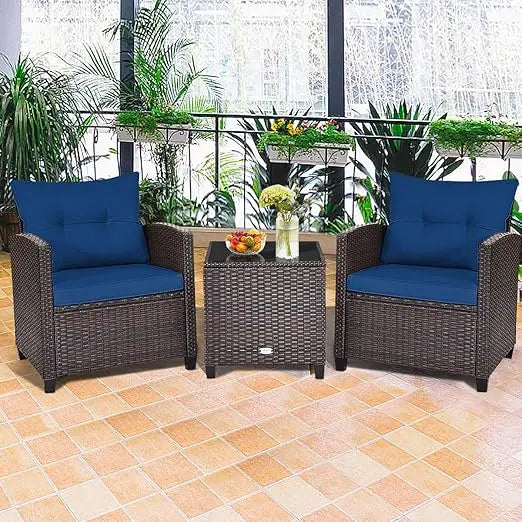 3 Pieces Patio Furniture Set Outdoor Furniture Rattan Wicker Chairs and Table Set, Washable Cushions Tempered Glass Coffee Table