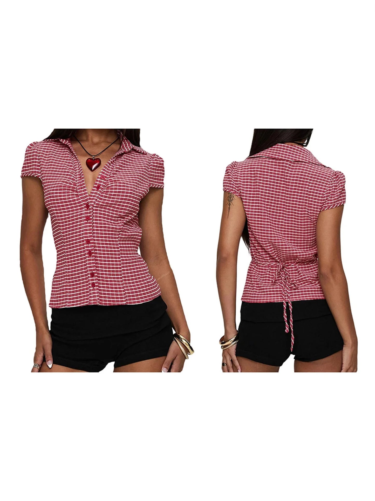 Women s Stylish Plaid Print Short Sleeve Shirt