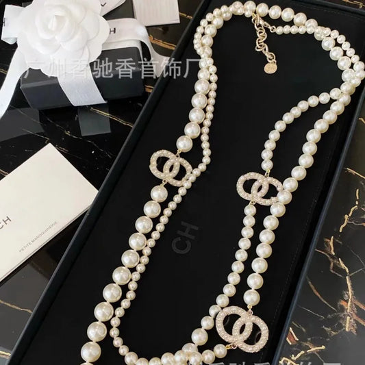 New Pearl Diamond Sweater Chain Temperament Versatile High Sense Double C Long Necklace Women