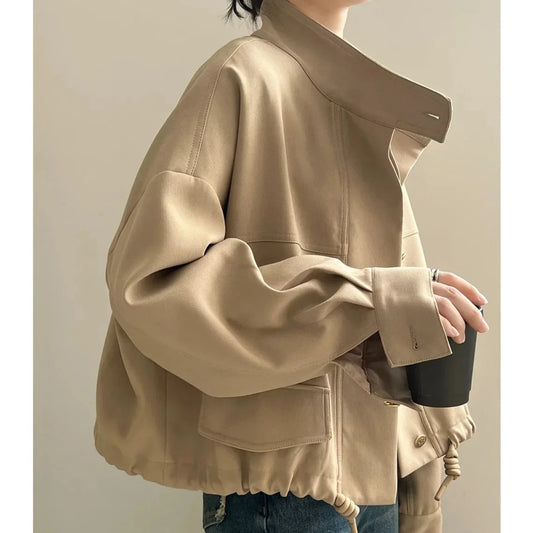 Women Jackets Drawstring Elegant Coat Stand Collar Cardigan Splice Loose Lace Up Single Breasted Coats Autumn Winter Jackets