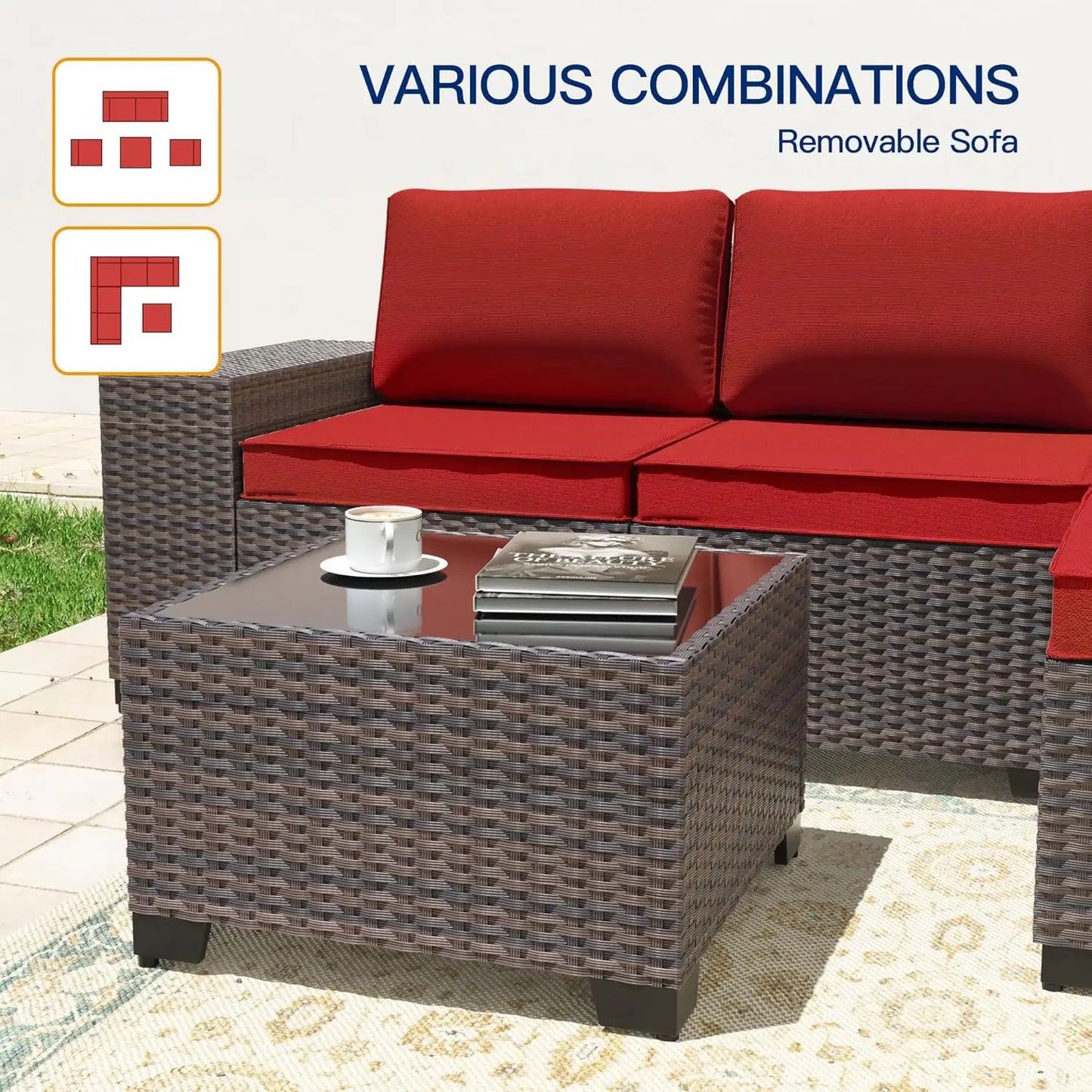 6 Pieces Patio Furniture Sets with Glass Tea Table,PE Rattan Wicker Patio Conversation Set with Washable, Customized