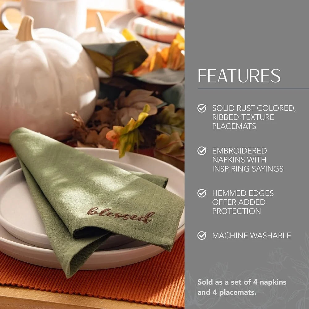 Autumn Cotton Napkin and Placemats Set 8 Pieces Thanksgiving Table Decor Ribbed Textured Cloth Easy Care