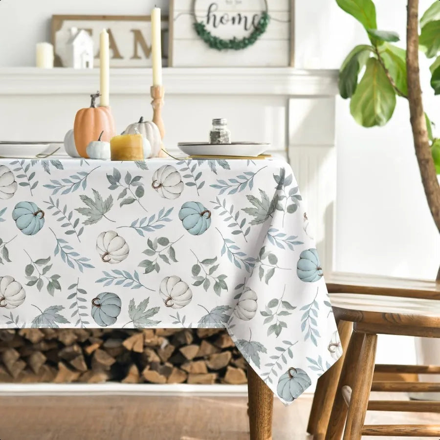 Fall Tablecloth 60x120 Inch Rectangular Thanksgiving Autumn Harvest Blue Pumpkins and Leaves Table Cover for Party Picnic Dinne