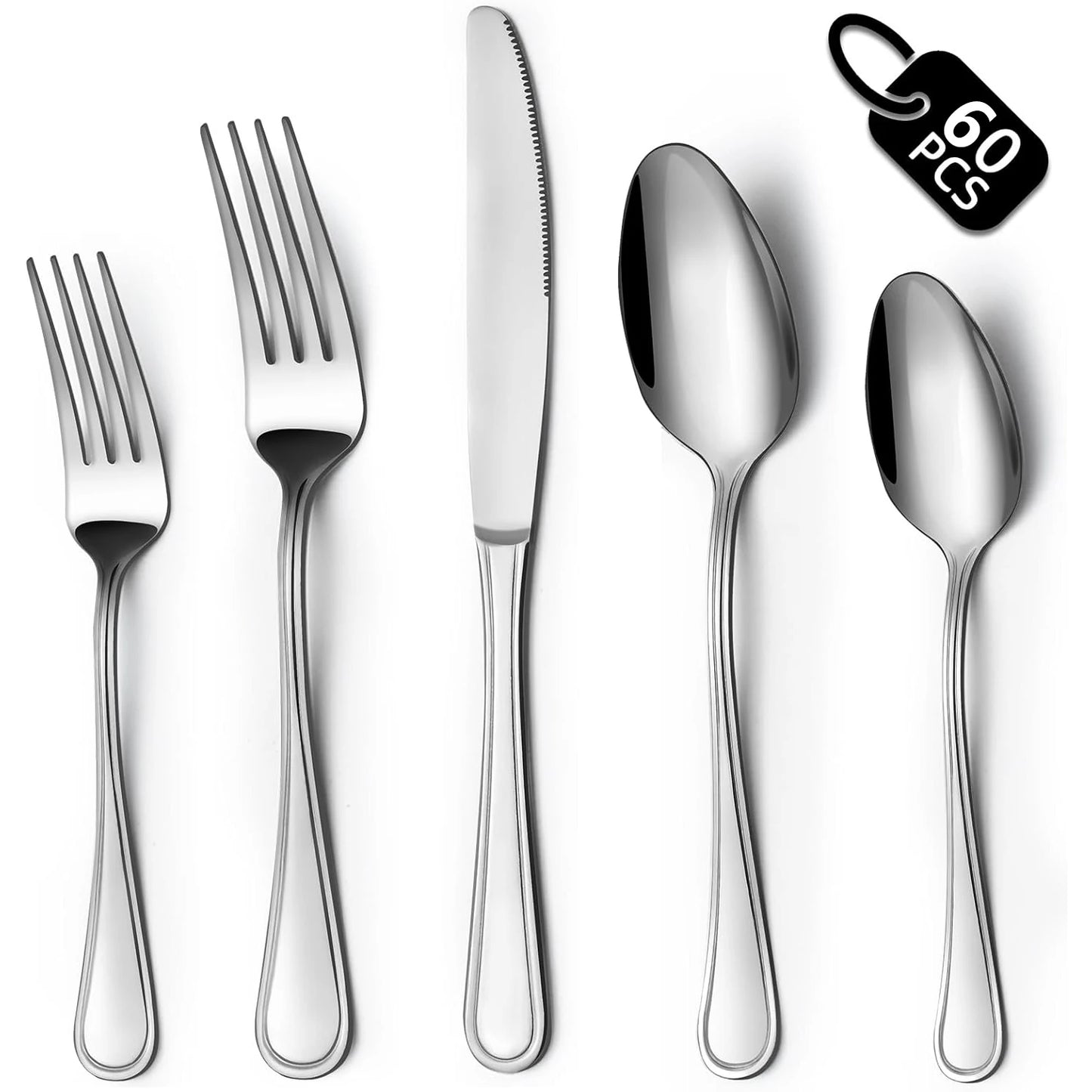 60-Piece Silverware Set, Stainless Steel Flatware Service for 1, Modern Tableware Cutlery for Home, Elegant Eating Utensils Incl