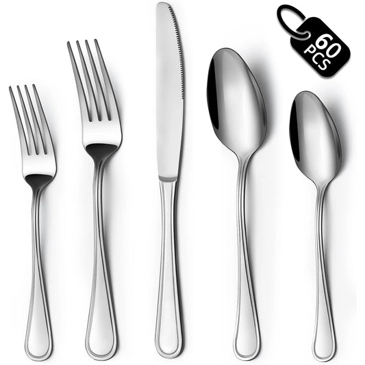 60-Piece Silverware Set, Stainless Steel Flatware Service for 1, Modern Tableware Cutlery for Home, Elegant Eating Utensils Incl