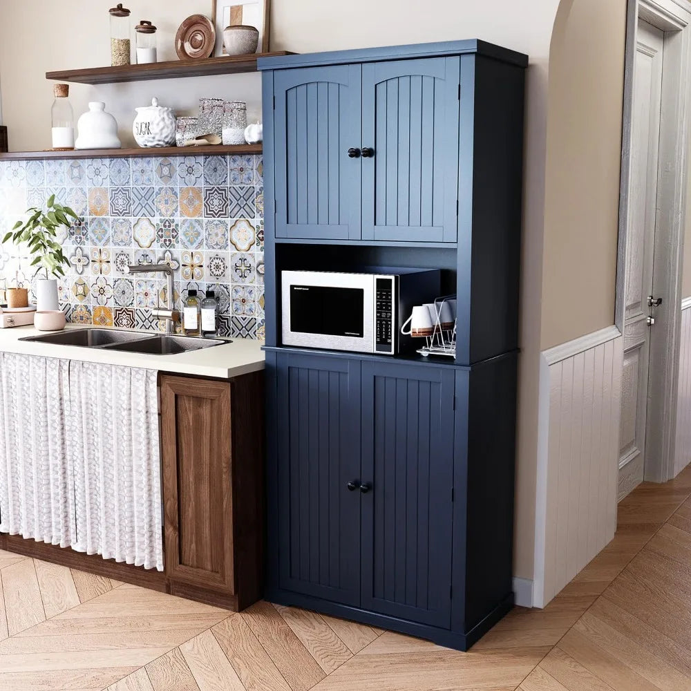 72" Kitchen Pantry Storage Cabinet, with Microwave Stand,Utility Pantry with Doors and Shelves, Freestanding Larder Cupboard