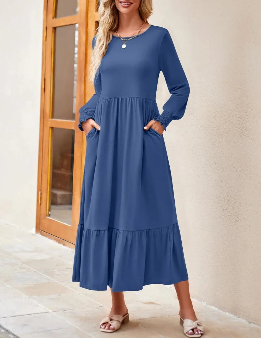 Women's 2025 Fall Long Sleeve Dress Crewneck Casual Loose Pleated Tiered Swing Midi Dresses with Pockets