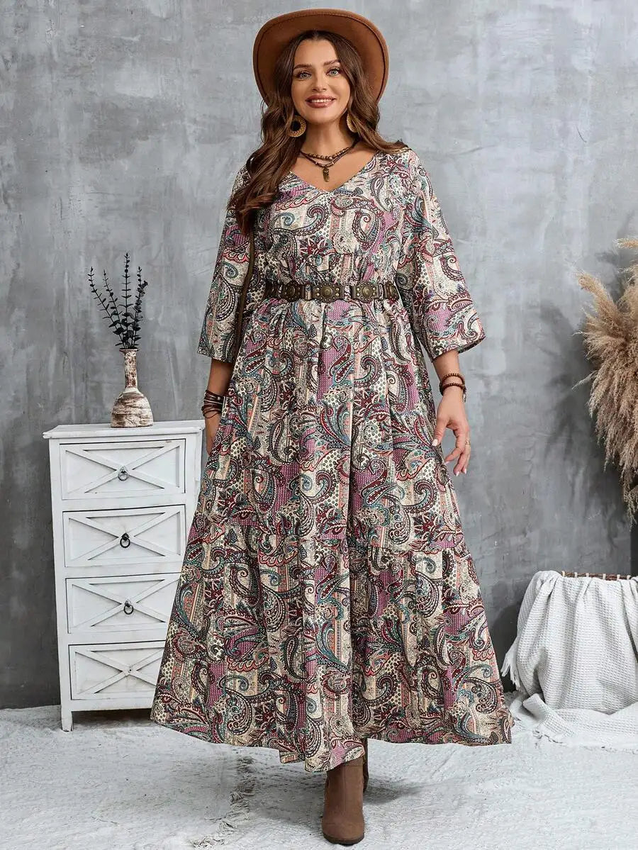 Boho Print Maxi Dress with V-Neck and 3/4 Sleeves, Loose Fit for Casual or Vacation Wear