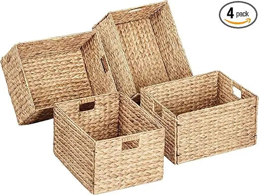 Extra Large Rectangular Water Hyacinth Wicker Storage Baskets with Iron Wire Frame, 16.1x12.6x9.5, Natural, Set of 4