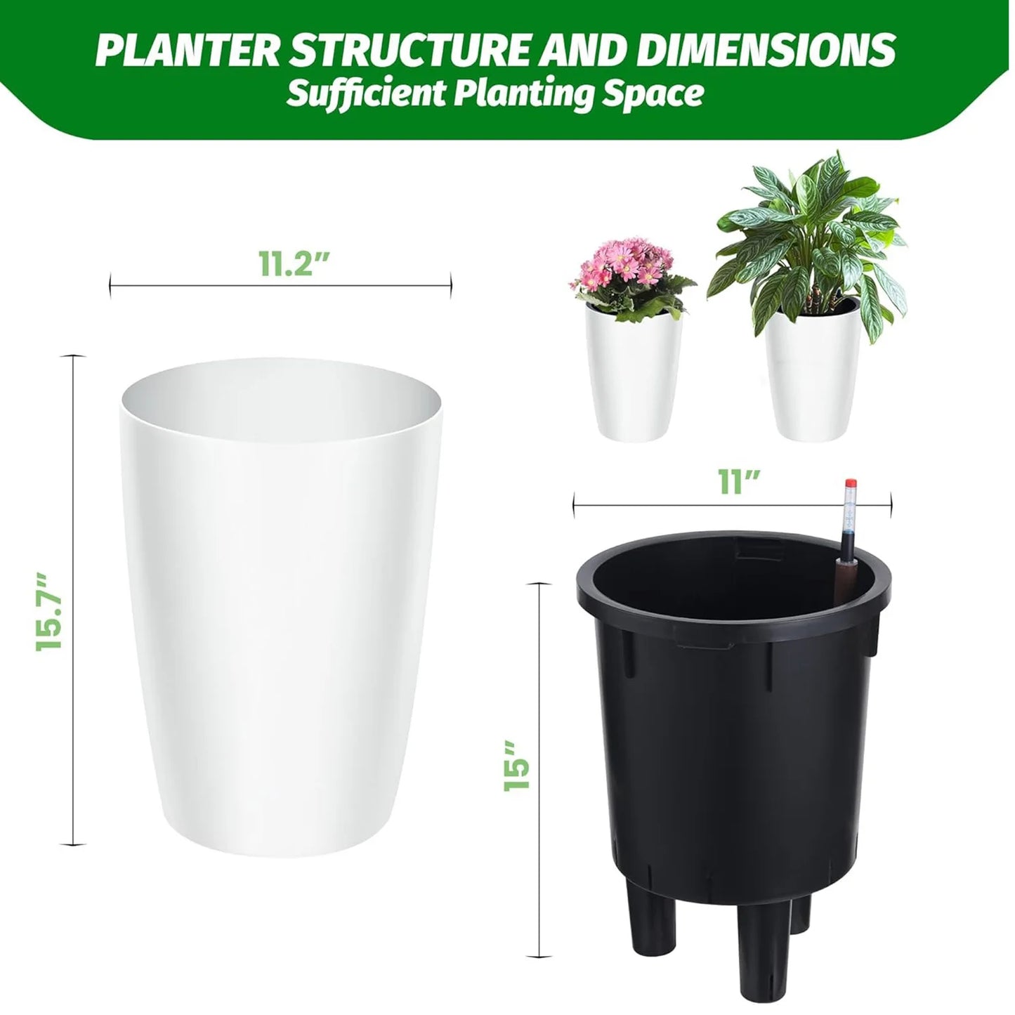 Tall Planters Set of 2, Plant Pots, Self Watering Pots for Indoor Plant, Flower Pots with Drainage and Visual Water Level Design
