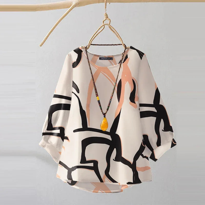 Vintage Line Printed Blouse Fashion 3/4 Sleeve Tunics Holiday Autumn Tops Casual Women Office Lady