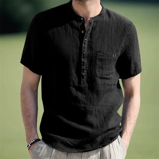 Men s Casual  Fit Short Sleeve Linen Henley Shirt