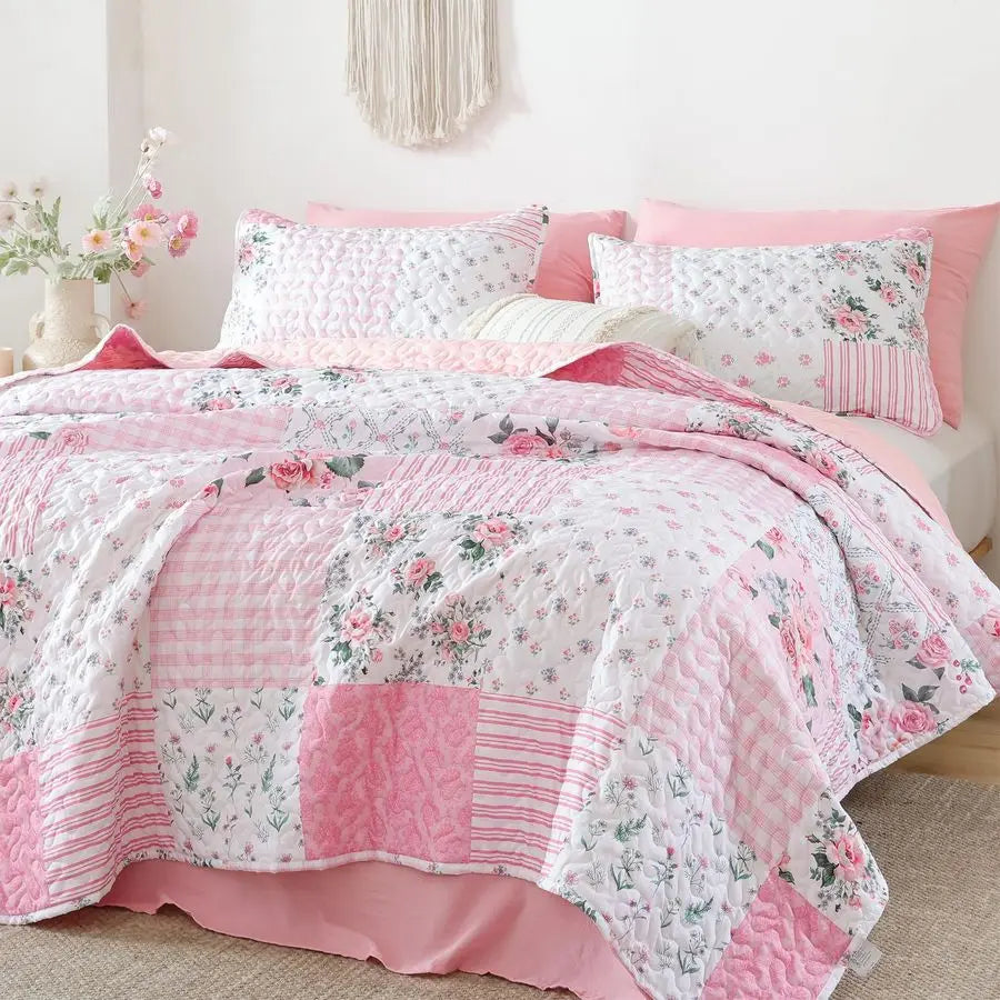 Quilt Sets Queen Size Floral Quilt Set 3 Pieces Bedding Set Bedspreads Pink Comforter Blanket with 2 Pillow Cases Ultra Soft Flo