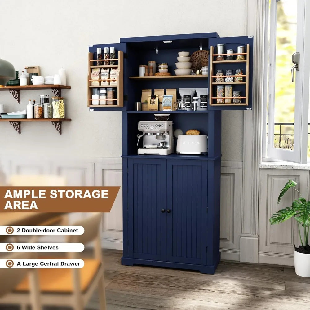 72" Kitchen Pantry Storage Cabinet, with Microwave Stand,Utility Pantry with Doors and Shelves, Freestanding Larder Cupboard