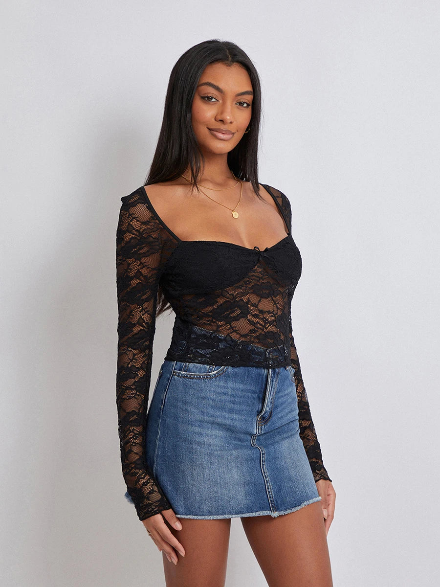 Women Crop Floral Lace Tops