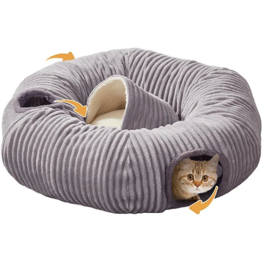 Multifunctional Cat Tunnel Bed with Washable Donut Cushion for Indoor Cats and Small Pets Blackout Tent Hideaway Plaything for
