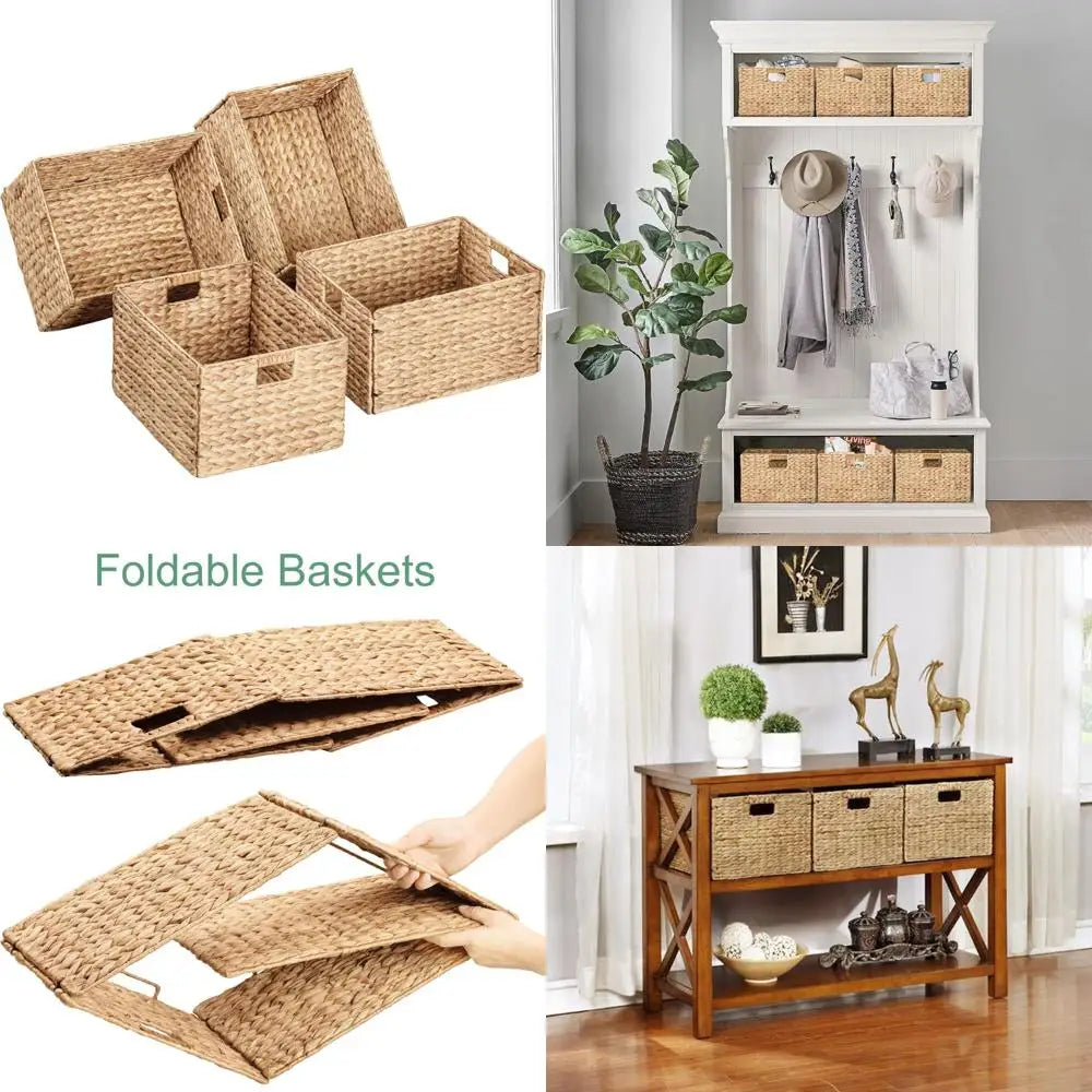 Extra Large Rectangular Water Hyacinth Wicker Storage Baskets with Iron Wire Frame, 16.1x12.6x9.5, Natural, Set of 4