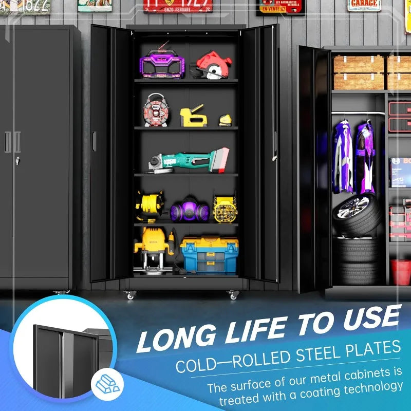 73" Metal Storage Cabinet with Wheels, Garage Storage Cabinet with 4 Adjustable Shelves & Lockable Doors for Garage Home