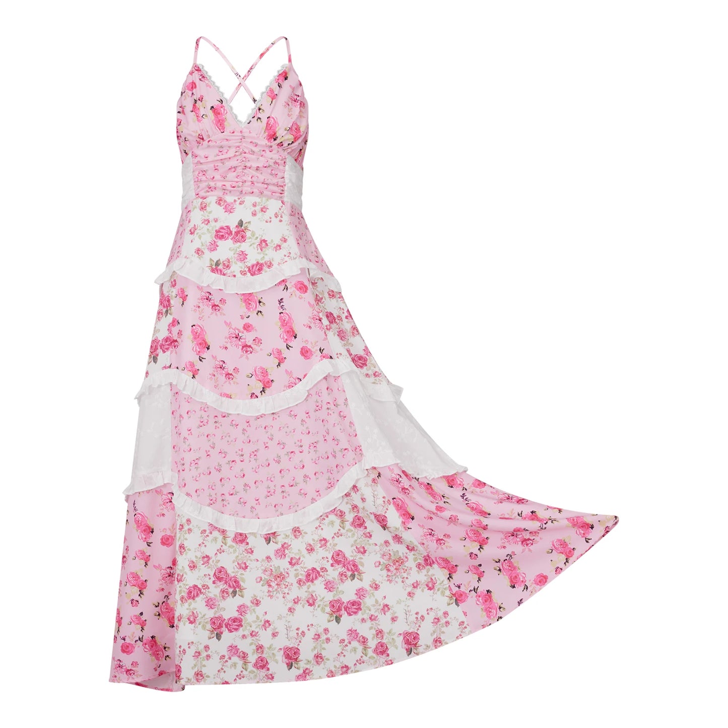 Elegant Boho Chic Maxi Dress with Floral Print and Delicate Lace Details sleeveless