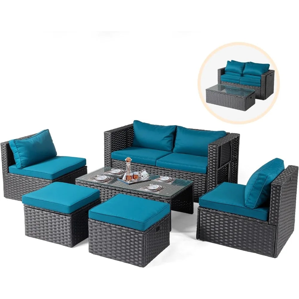6 Pieces Wicker Patio Furniture Set, Outdoor Sectional Furniture Patio Conversation Set Space-Saving Design with Ottomans