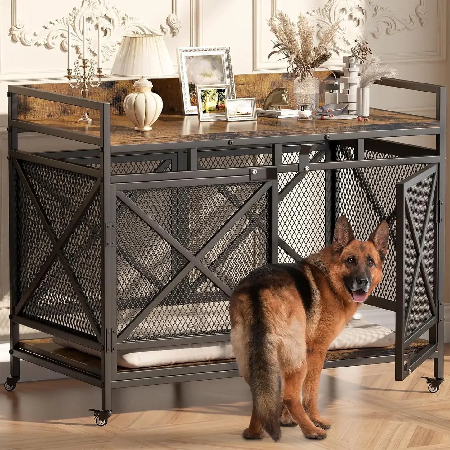 Large Dog Crate Furniture, 48 Inch Heavy Duty Dog Kennel for Large Breeds Cage with Wheels,