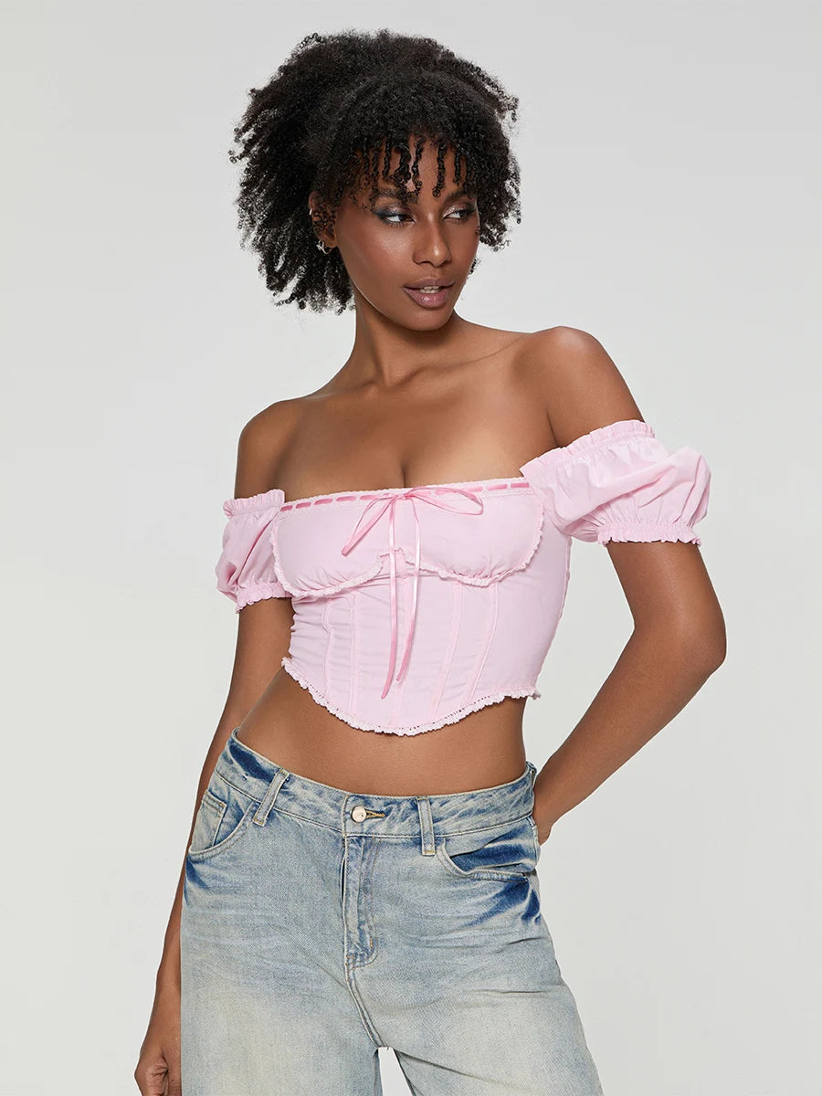 Women T-shirt Square Neck Short Sleeve Backless Tie-up