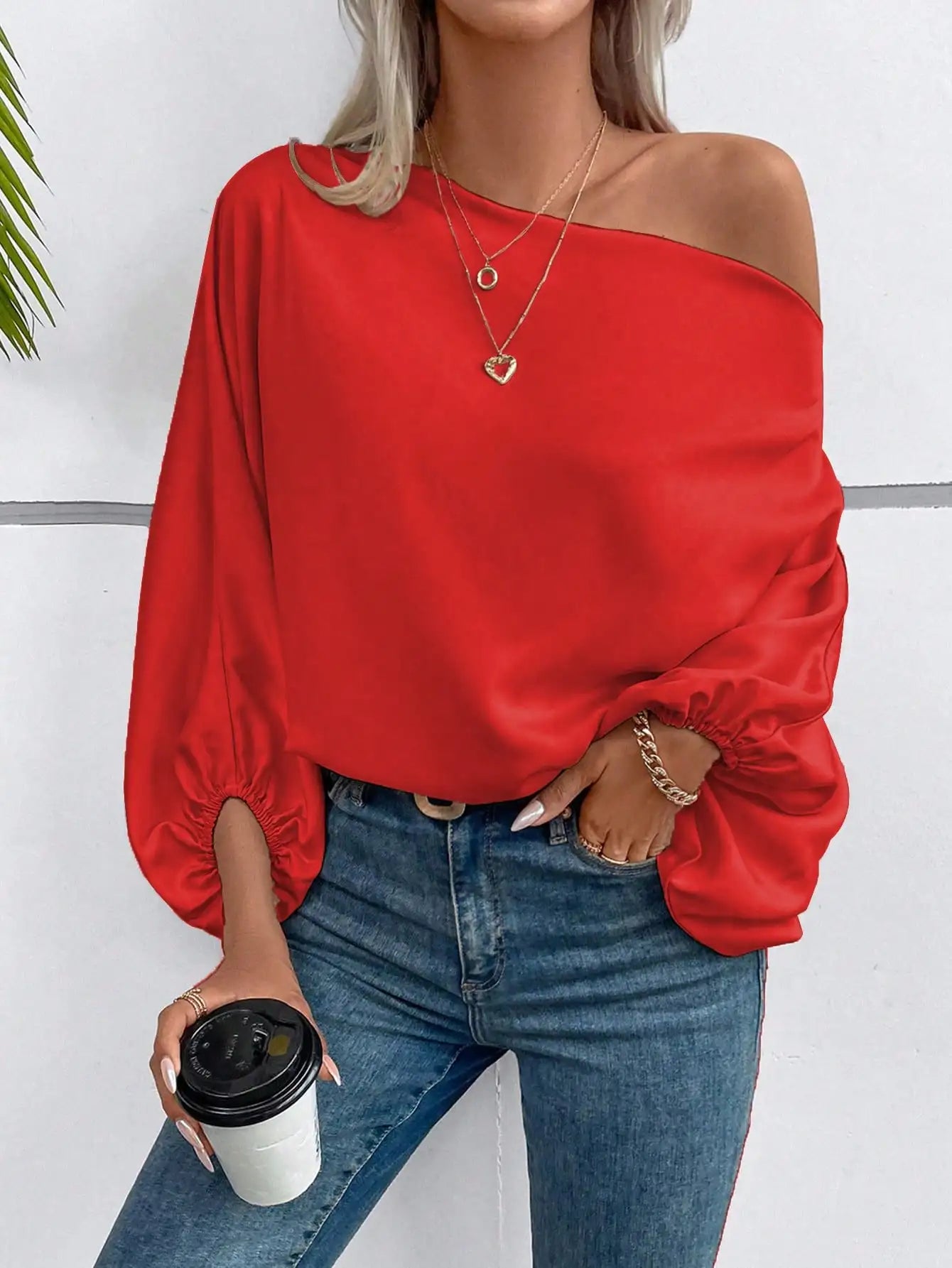Red Asymmetric One Shoulder Blouse with Lantern Sleeves for Women Casual Wear