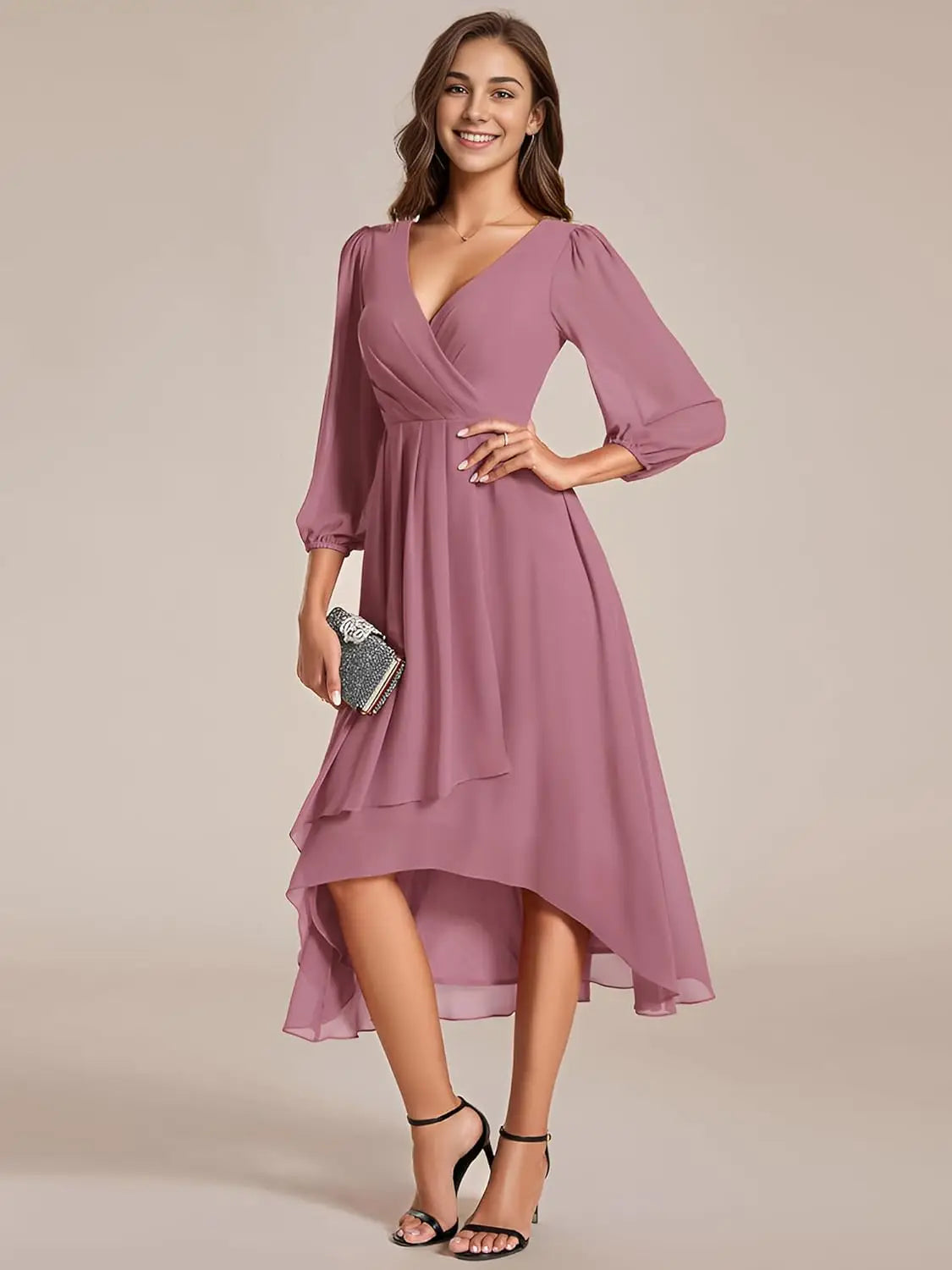 Ever-Pretty Women's Chiffon V Neck Long Sleeves Pleated A-Line Midi Length Wedding Guest Dress