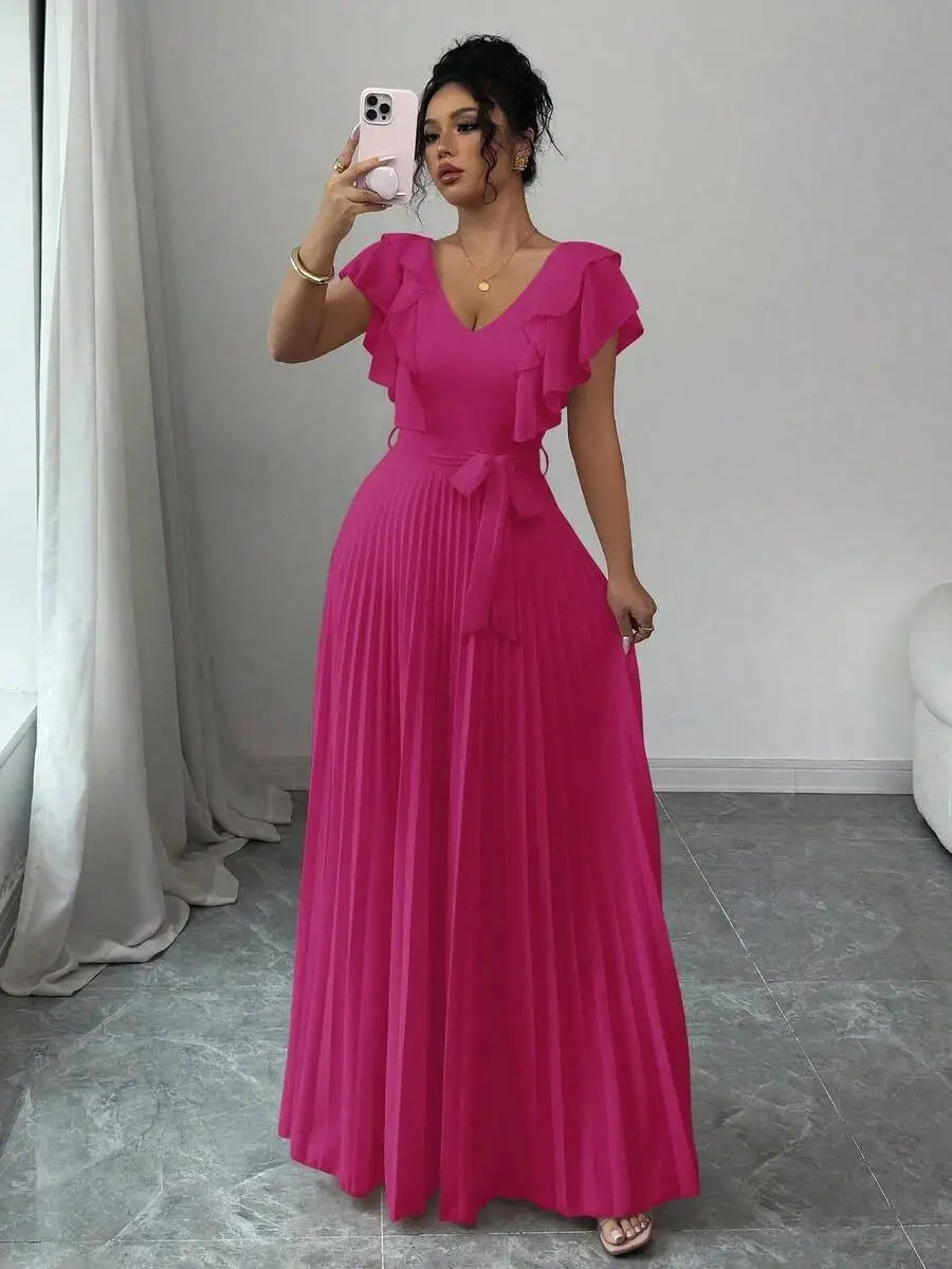 V-Neck Ruffle Sleeve Pleated A-Line Maxi Dress with Waist Tie