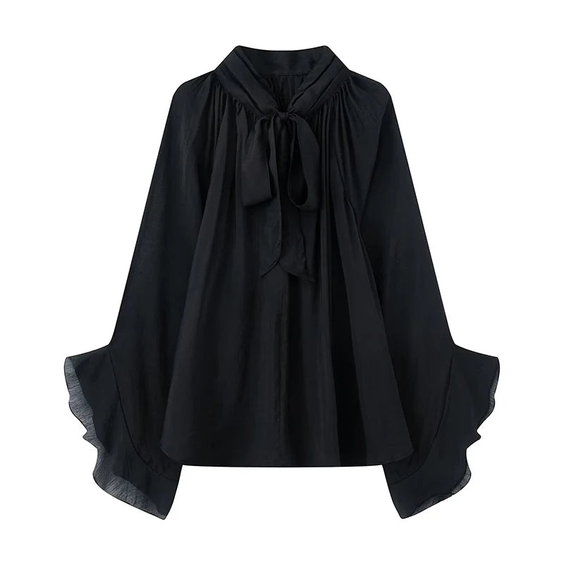 Perspective Women Shirt Autumn New Bow Tied Blouse Woman Tops Lady Ruffles Flare Sleeve Loose Elegant Blouses