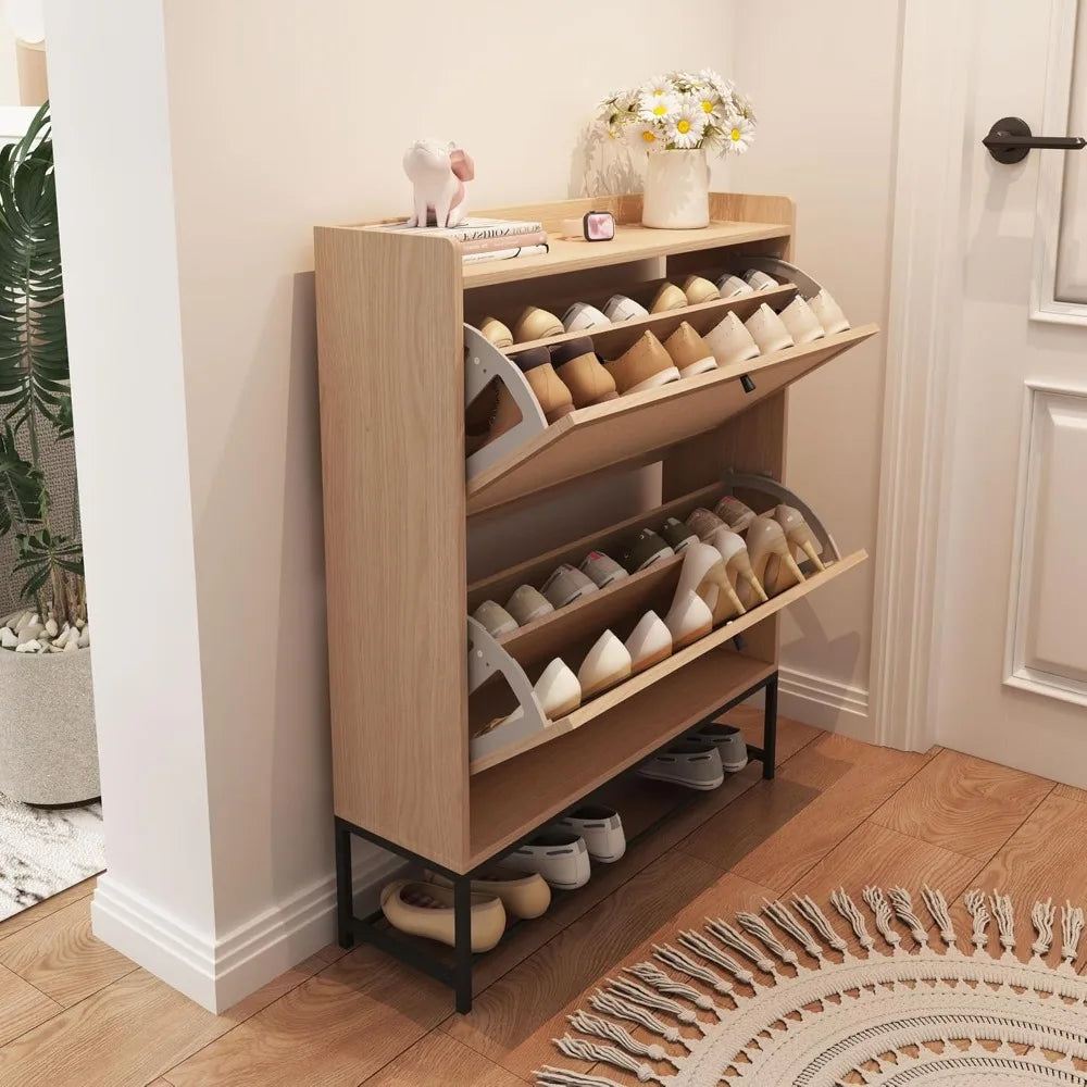 Narrow Shoes Storage Cabinet with 2 Flip Drawers, Freestanding
