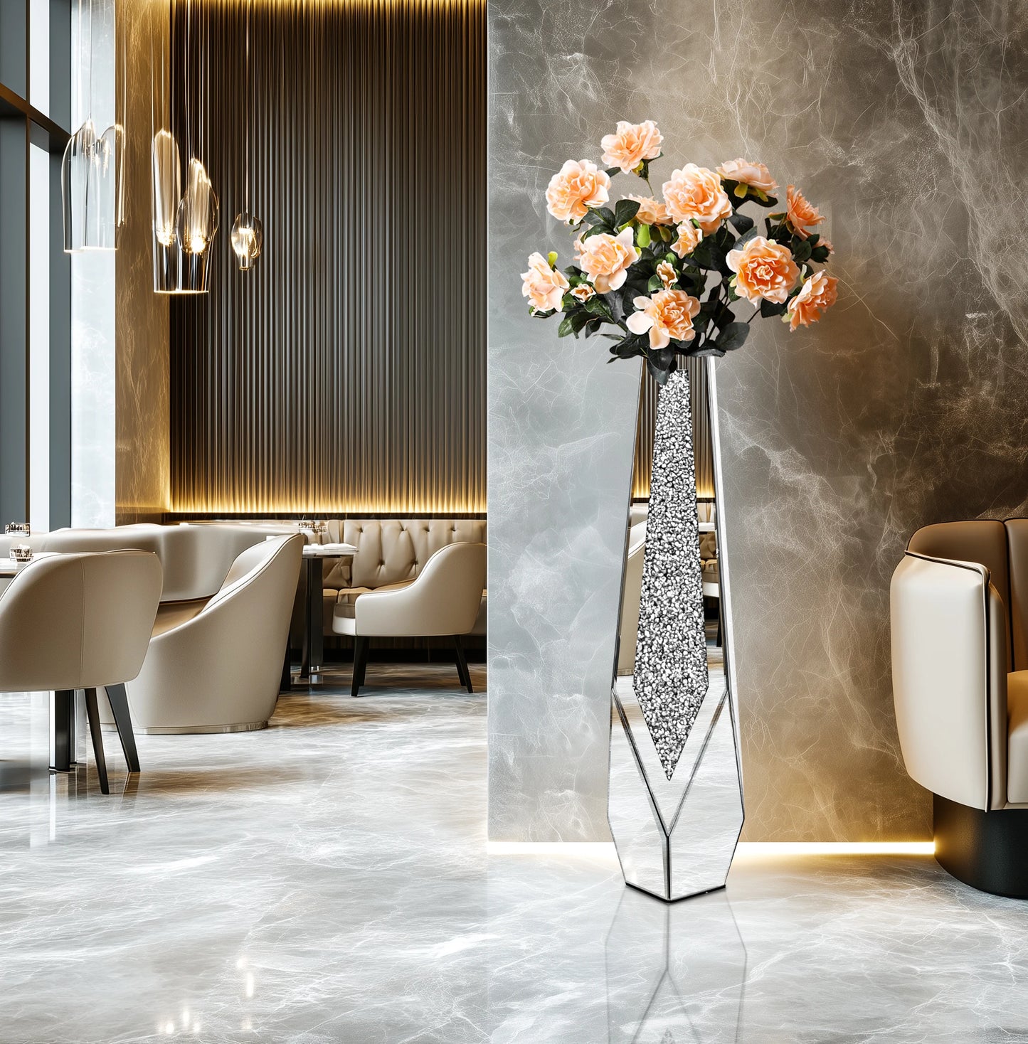 Tall Floor Mirror Vase, Large Crushed Diamond Glass Vase for Home Decor Modern Crystal Centerpiece