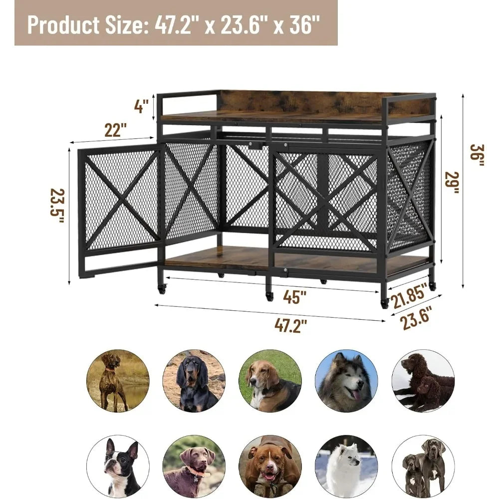 Large Dog Crate Furniture, 48 Inch Heavy Duty Dog Kennel for Large Breeds Cage with Wheels,