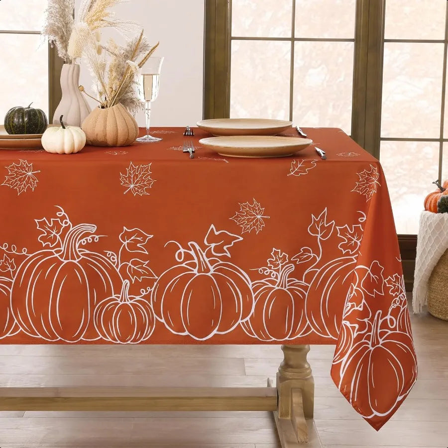 Fall Tablecloth Rec 60x84 Inch Thanksgiving Autumn Harvest Orange Rust Pumpkin Maple Leaf Decoration Table Cloths Stain Resista