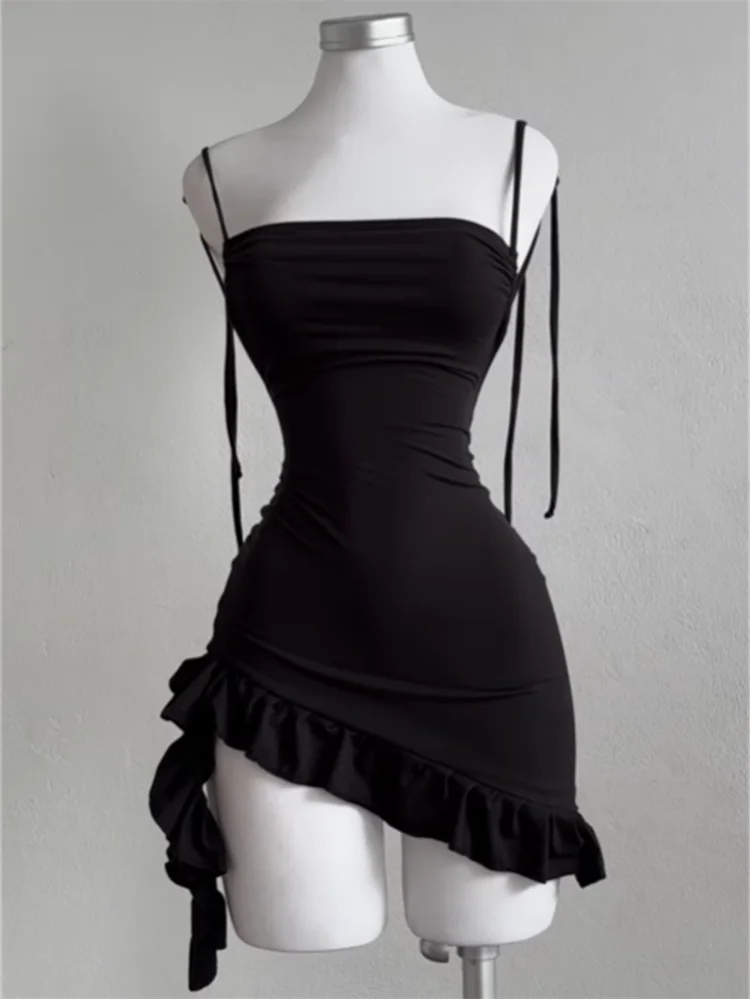 Sleeveless Backless Ruffles Mini Dress Women Summer  Lace Up Black Bodycon Dresses Party Club Streetwear  New Sundress