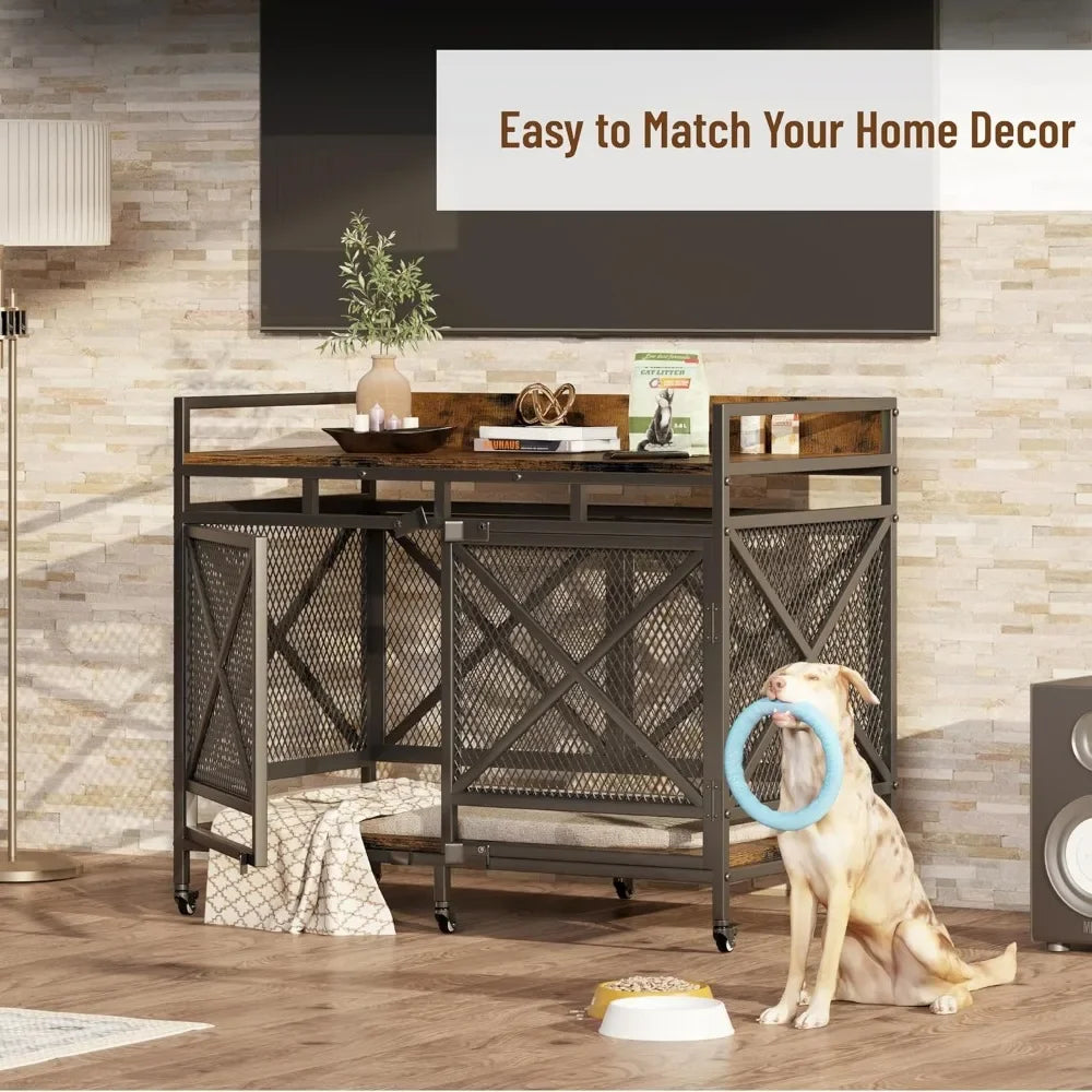 Large Dog Crate Furniture, 48 Inch Heavy Duty Dog Kennel for Large Breeds Cage with Wheels,