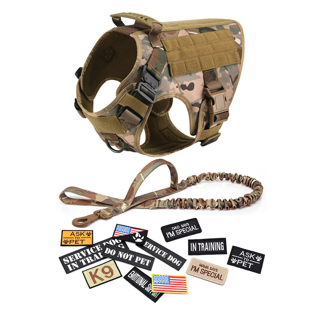 Military Large Dog Harness Collar Leash Bags Patches Set Pet Malinois Training Vests