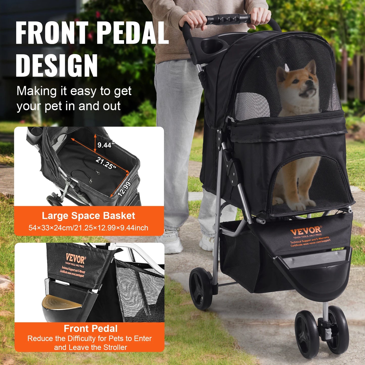 VEVOR 35lbs 3 Wheels Dog Stroller