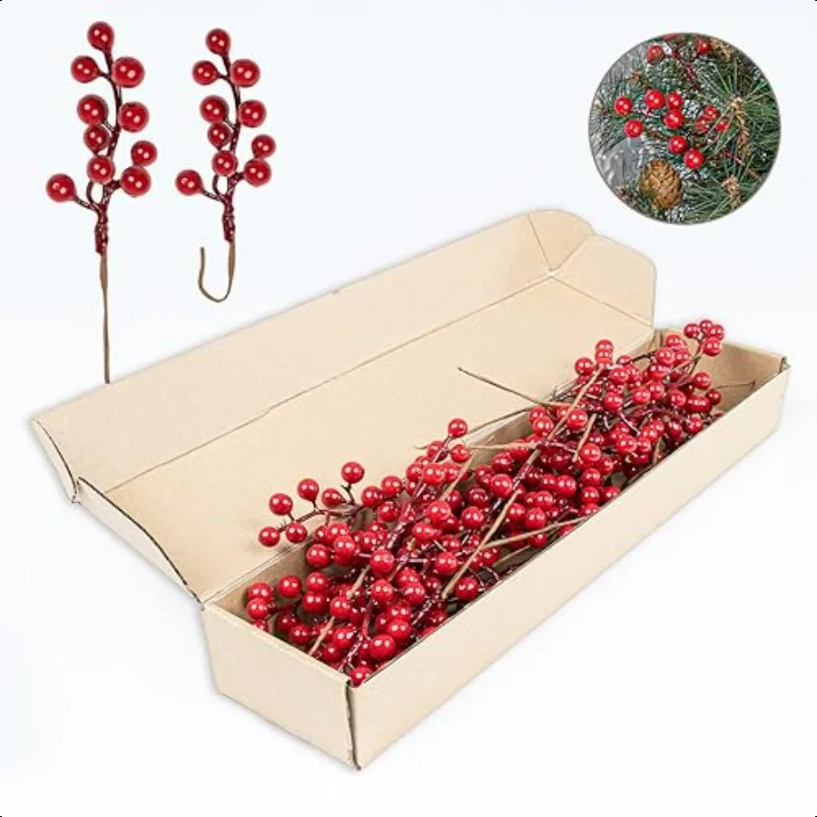 32 Pack Christmas Tree Decorations Artificial Red Berry Stems 6.5 Inch Christmas Berry Picks with Holly Berries