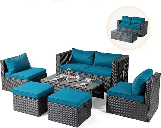 6 Pieces Wicker Patio Furniture Set, Outdoor Sectional Furniture Patio Conversation Set Space-Saving Design with Ottomans